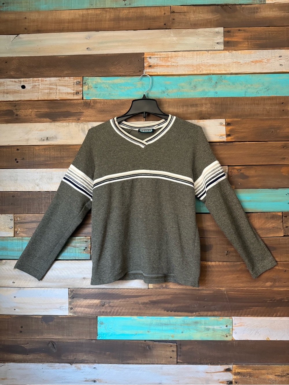 Vintage Hipwear Olive Green Striped V-Neck Sweater Y2K Skater Grunge |Size L - Picture 1 of 8